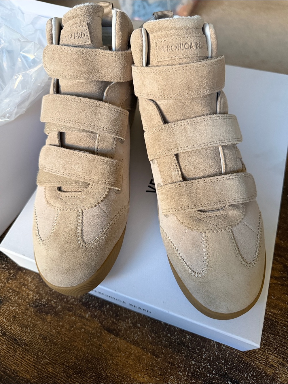 Veronica Beard Nima High Top Velcro Sneakers Sand Suede New Box Sz 8